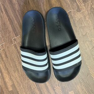 Adidas Black and White Striped Slides